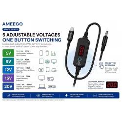 AMEEGO USB-C PD to DC Power Cable 100W – 5.5 x 2.5mm Adjustable DC Power Trigger Cables with34 Universal DC Adapter Tips (Dell Edition + 2 Dell Smart Pin Adapters)