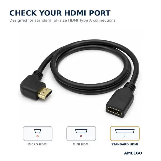 Right Angled HDMI Extension Gold Plated Cable Male to Female Adapter  0.5m / 1m (C-063)  