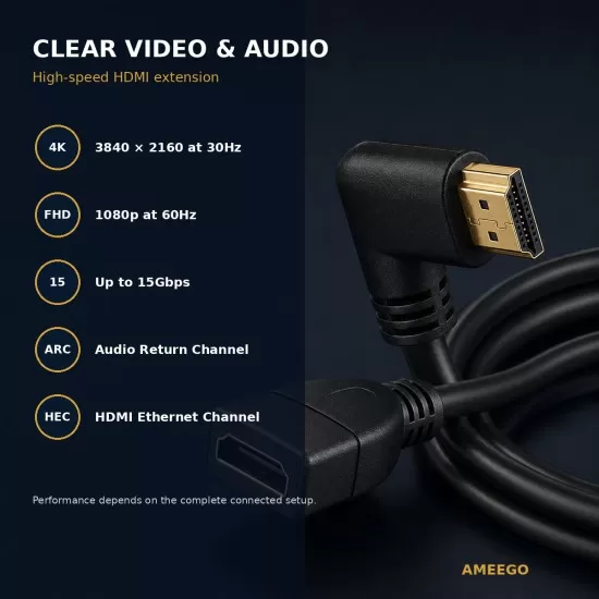Right Angled HDMI Extension Gold Plated Cable Male to Female Adapter  0.5m / 1m (C-063)  