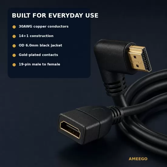 Right Angled HDMI Extension Gold Plated Cable Male to Female Adapter  0.5m / 1m (C-063)  