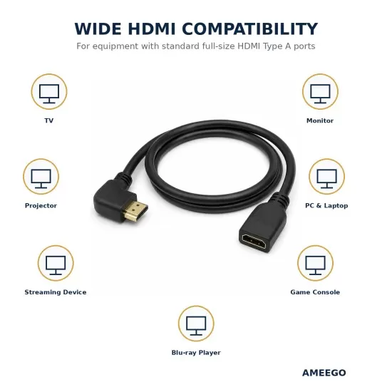 Right Angled HDMI Extension Gold Plated Cable Male to Female Adapter  0.5m / 1m (C-063)  