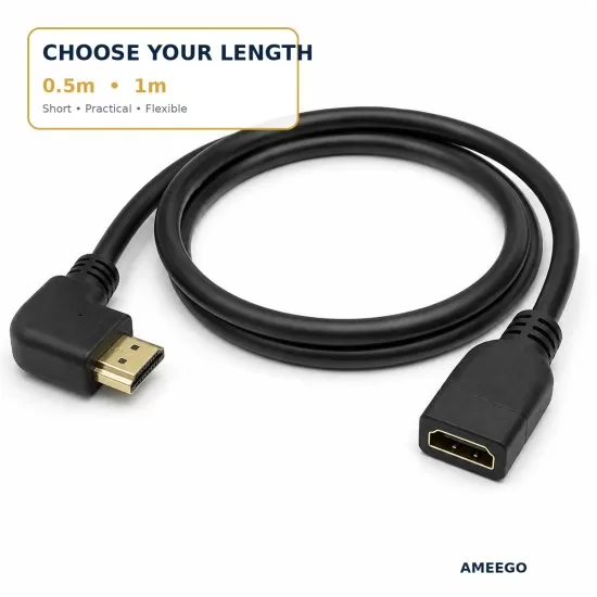 Right Angled HDMI Extension Gold Plated Cable Male to Female Adapter  0.5m / 1m (C-063)  