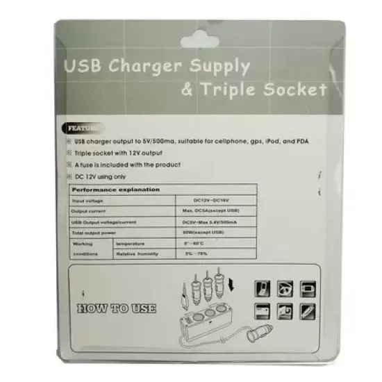 3 Port Socket Car Cigarette Lighter & USB Adaptor - Black