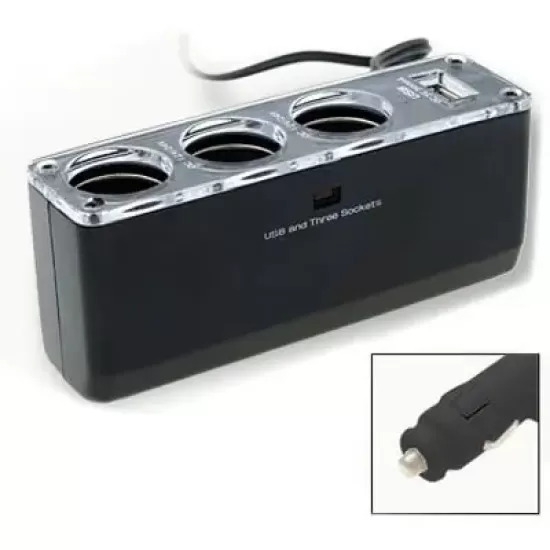 3 Port Socket Car Cigarette Lighter & USB Adaptor - Black