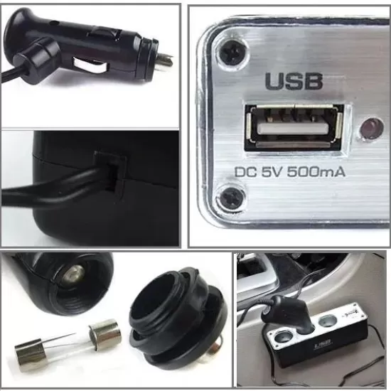 3 Port Socket Car Cigarette Lighter & USB Adaptor - Black