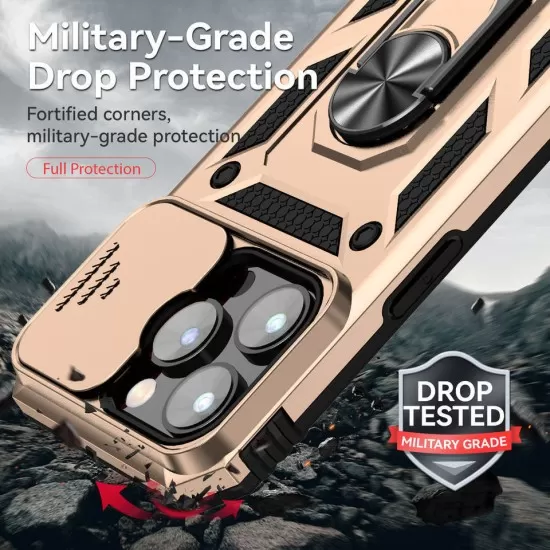 Armour Case with Lens Sliding Camera Protection and Ring Stand with Magnet