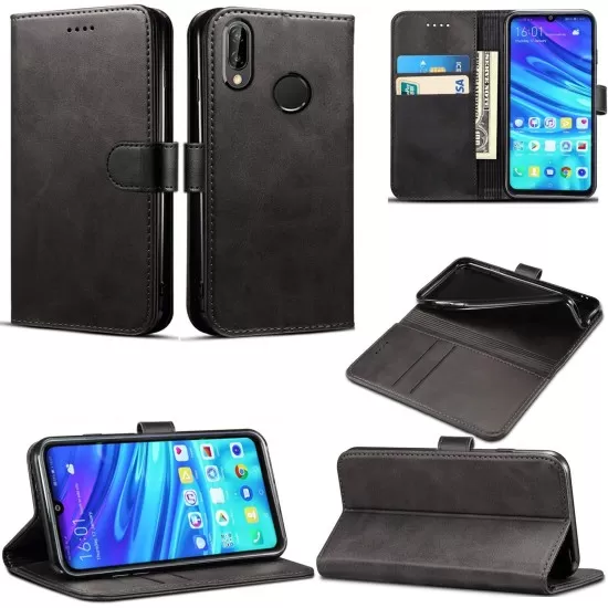 PU Leather Wallet Case (Black) for Huawei - Choice of Models