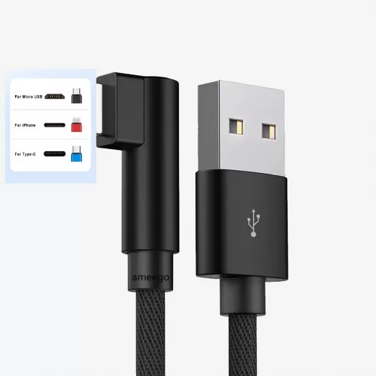 Elbow Fabric Right-Angled 90 Degree Fast  Charging  Data Cable for iPhone 8 Pin Android Type-C in 3 colours  
