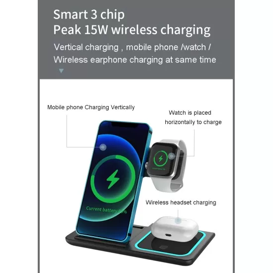 15W Foldable 3 in 1 Fast Wireless Charger Pad Stand Holder 