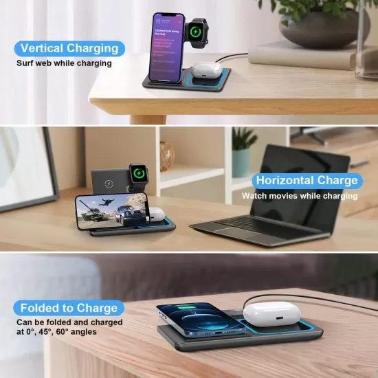 15W Foldable 3 in 1 Fast Wireless Charger Pad Stand Holder 