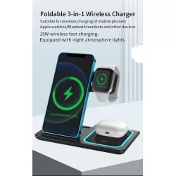 15W Foldable 3 in 1 Fast Wireless Charger Pad Stand Holder 