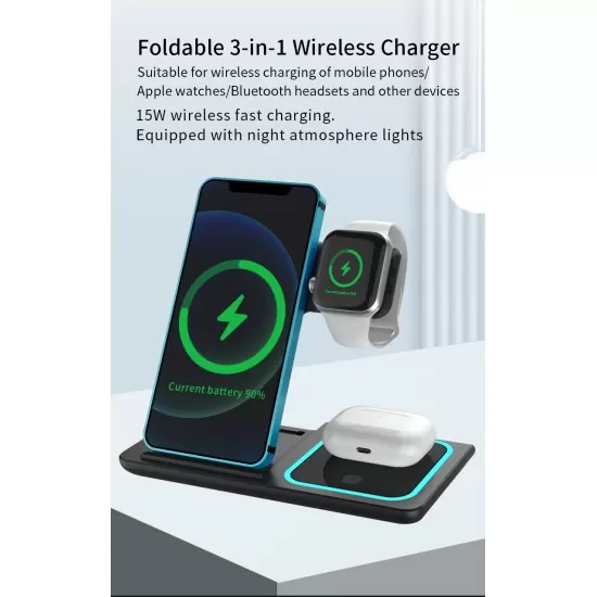 15W Foldable 3 in 1 Fast Wireless Charger Pad Stand Holder 