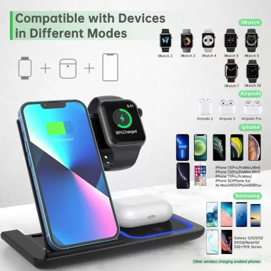 15W Foldable 3 in 1 Fast Wireless Charger Pad Stand Holder 