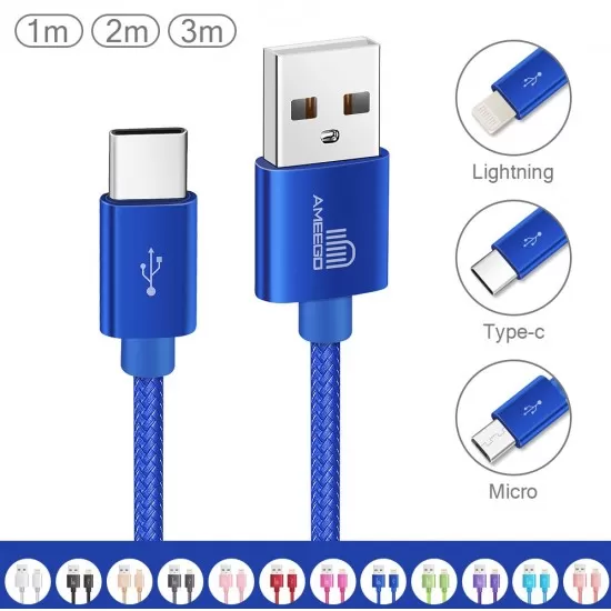 Nylon Braided Fast Charging USB Data Cable for Type-C Connector Wire 1M 2M 3M in 11 Colours   