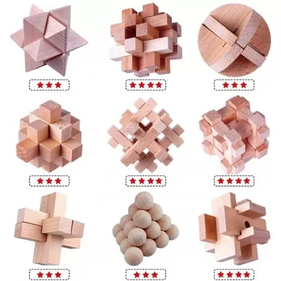 9  Pcs/set 3D Beech Wooden Lu Ban Kong Ming Lock IQ Puzzle – Children Brain Teaser Educational Wooden IQ Puzzle