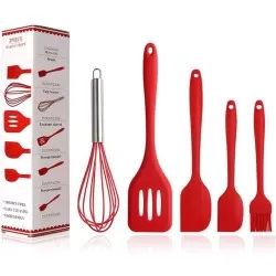 Silicone Heat Resistant Spatulas, Tongs, Brush and Whisk Baking Tool Utensil Set - 5 in 1