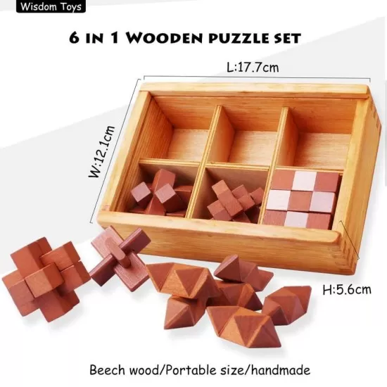 6pcs/set Kongming Lock Brain Teaser Wooden Puzzles in Wooden Gift Box 