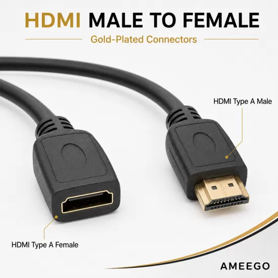 AMEEGO HDMI Male to Female Extension Cable – 4K 60Hz, HDR10, 15Gbps, Black