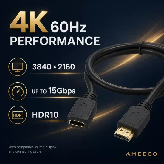 AMEEGO HDMI Male to Female Extension Cable – 4K 60Hz, HDR10, 15Gbps, Black
