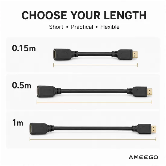AMEEGO HDMI Male to Female Extension Cable – 4K 60Hz, HDR10, 15Gbps, Black