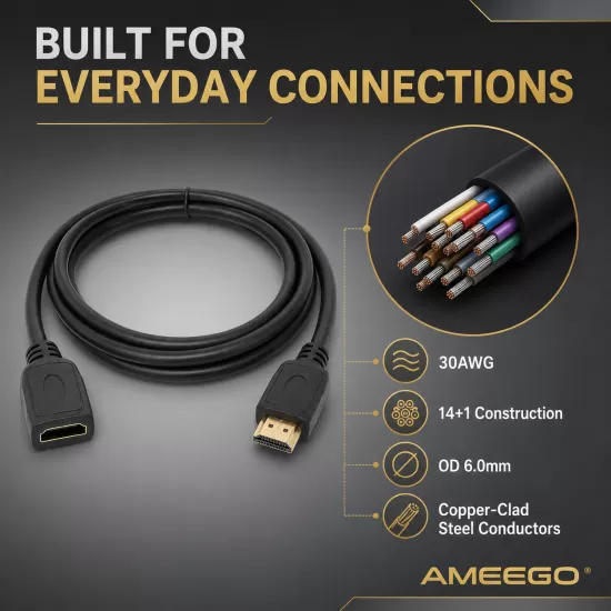 AMEEGO HDMI Male to Female Extension Cable – 4K 60Hz, HDR10, 15Gbps, Black