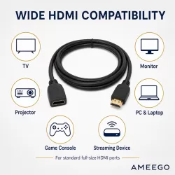 AMEEGO HDMI Male to Female Extension Cable – 4K 60Hz, HDR10, 15Gbps, Black