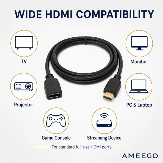 AMEEGO HDMI Male to Female Extension Cable – 4K 60Hz, HDR10, 15Gbps, Black