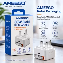 AMEEGO 30W GaN UK Charger with Retractable USB-C or Lightning-Compatible Cable & USB-C Port