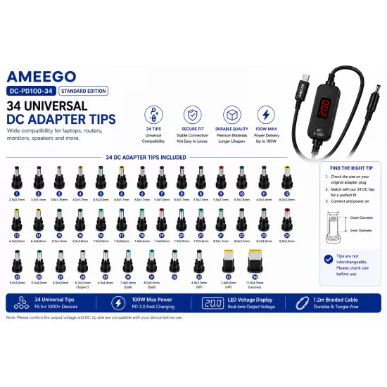 AMEEGO USB-C PD to DC Power Cable 100W – 5.5 x 2.5mm Adjustable DC Power Trigger Cables with 34 Universal DC Adapter Tips 