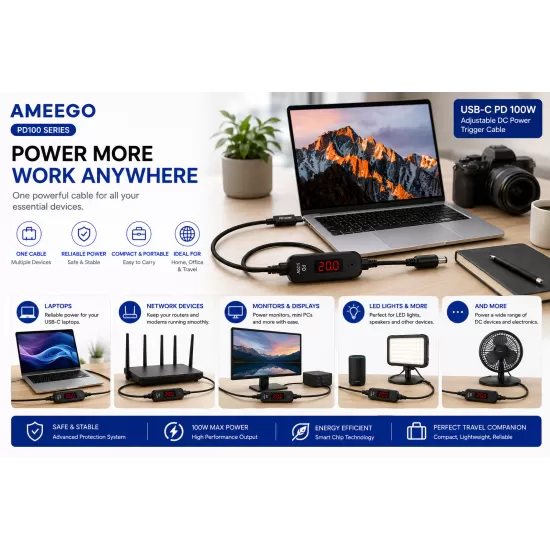 AMEEGO USB-C PD to DC Power Cable 100W – 5.5 x 2.5mm Adjustable DC Power Trigger Cables with 34 Universal DC Adapter Tips 