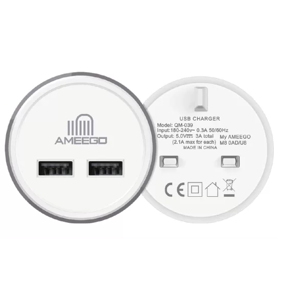 Round Dual USB Mains Charger 3A (Black/White)